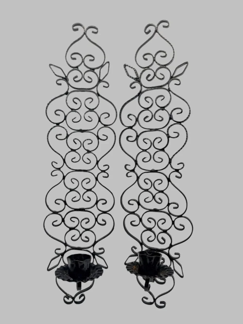Vintage Spanish Revival Black Wrought Iron Wall Candle Sconces Pair 14.5